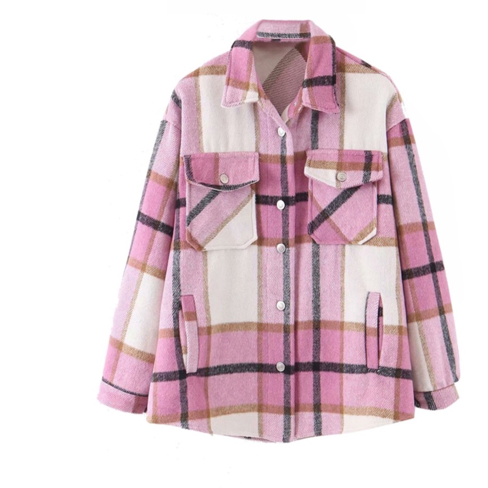 Shacket~ Flannel Button Plaid Jacket Coat Pink L - image 1